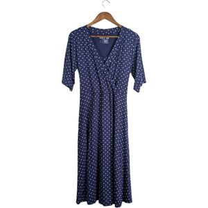 Latched Mama Nursing Midi Dress Large Navy Blue Polka Dot V Neck Stretch Modest